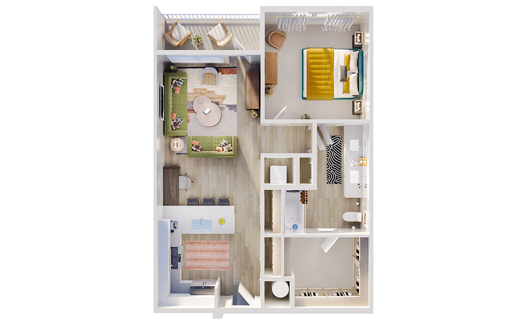 A3 - 1 bedroom floorplan layout with 1 bathroom and 807 - 821 square feet (3D)