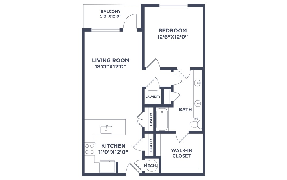 A3 - 1 bedroom floorplan layout with 1 bathroom and 807 - 821 square feet (2D)